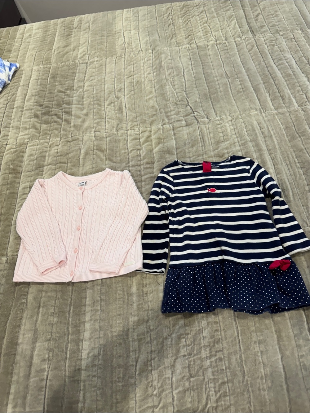 Pink Cable Knit Cardigan and Navy Striped Peplum Top - Kids size 18 24 m